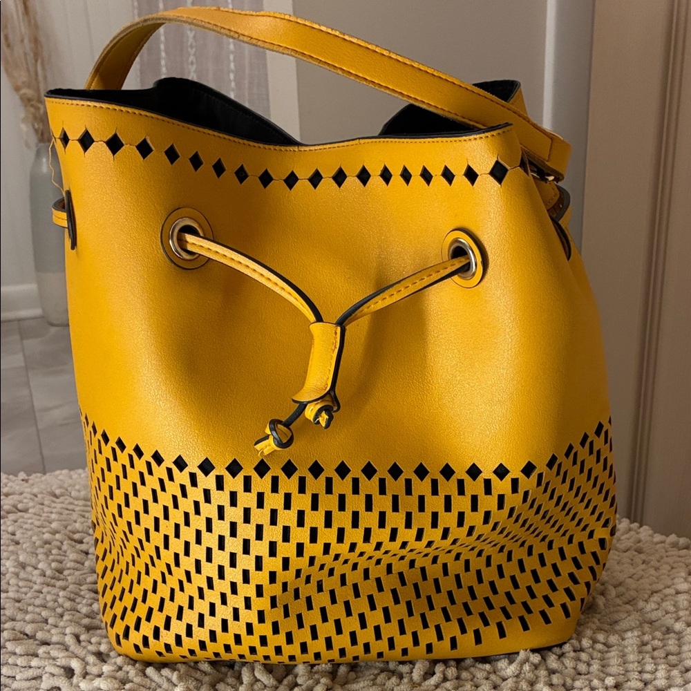 Qupid Yellow Laser-Cut Drawstring Shoulder Bucket Bag